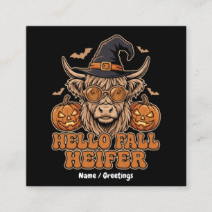 Hello Fall Heifer Halloween Highland Cow Retro Square Business Card