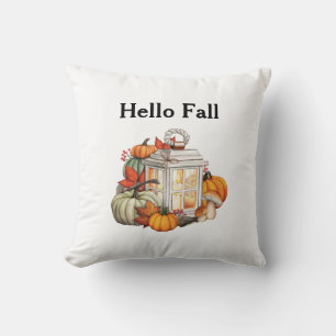 Hello Fall Lantern Pumpkins Autumn Decor Throw Pillow
