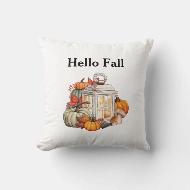 Hello Fall Lantern Pumpkins Autumn Decor Throw Pillow (Front)