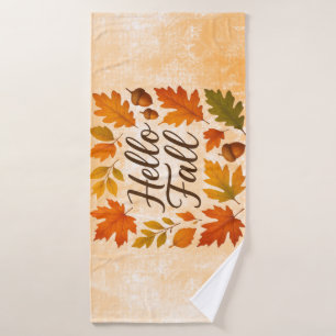 Hello Fall leaves and acorns Bath Towel