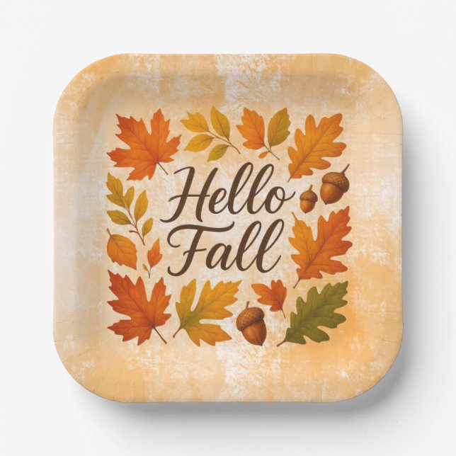 Hello Fall leaves and acorns Paper Plate (Front)