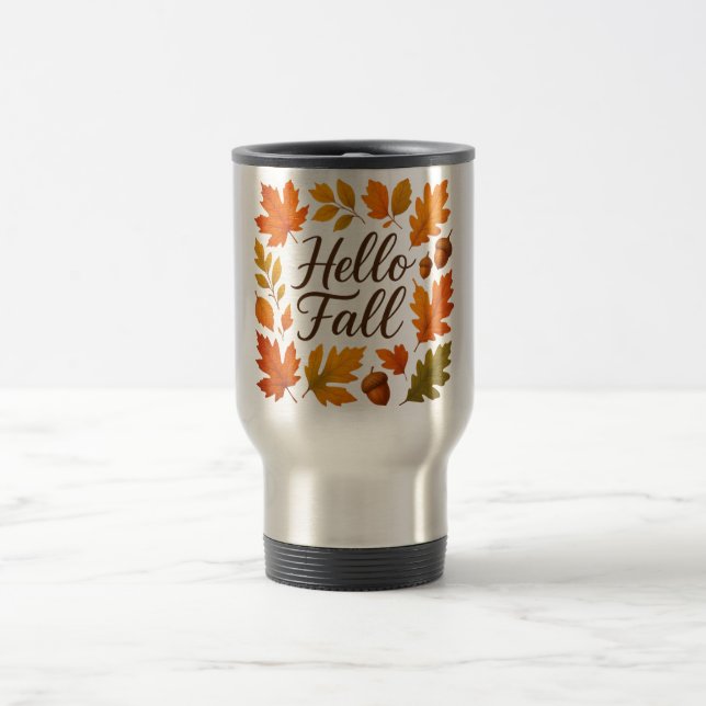 Hello Fall leaves and acorns Travel Mug (Center)