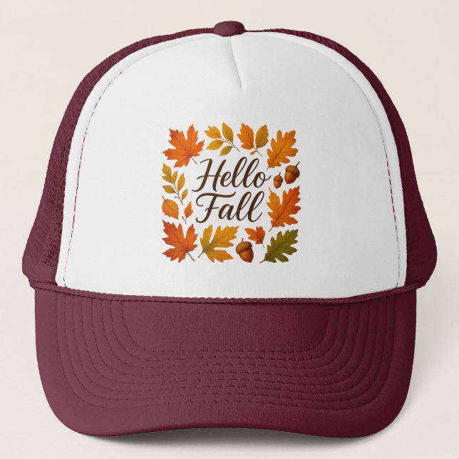Hello Fall leaves and acorns Trucker Hat (Front)