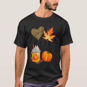 Hello Fall Leopard Heart Pumpkin Autumn Leaves Tha T-Shirt