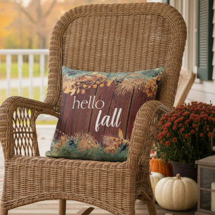 Hello Fall Modern Elegant Foliage Wood Throw Pillow