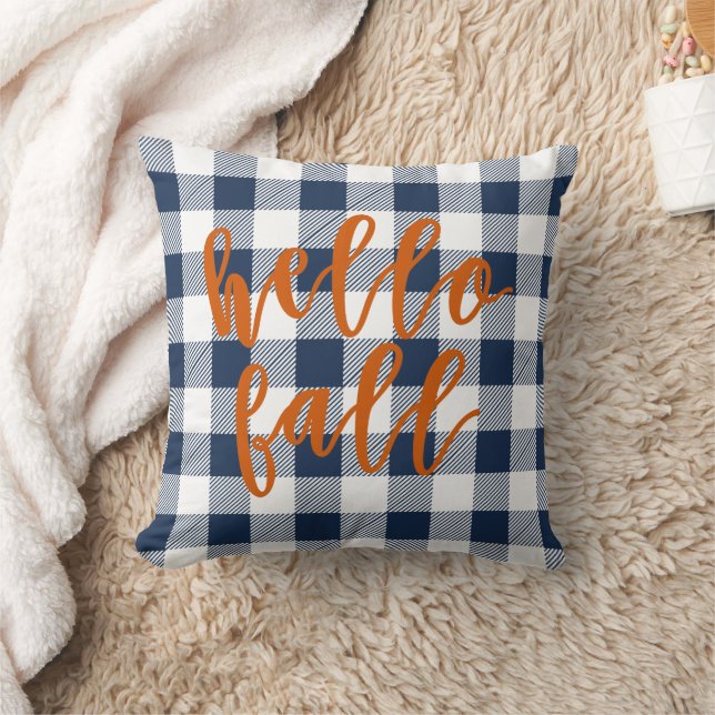 Hello Fall Navy Buffalo Plaid  Throw Pillow (Blanket)