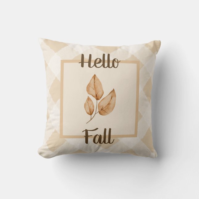 Hello Fall Neutral Autumn Leaves Rustic Home Decor Throw Pillow (Front)