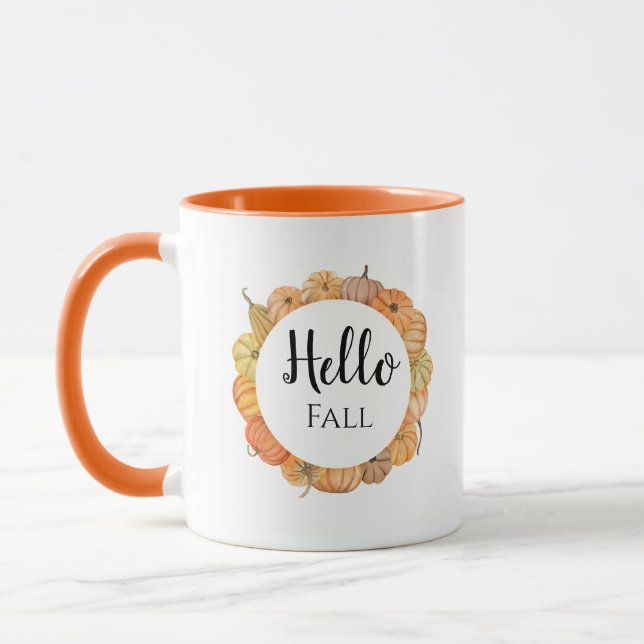 Hello Fall Oange Watercolor Cute Pumpkin Design Mug (Left)