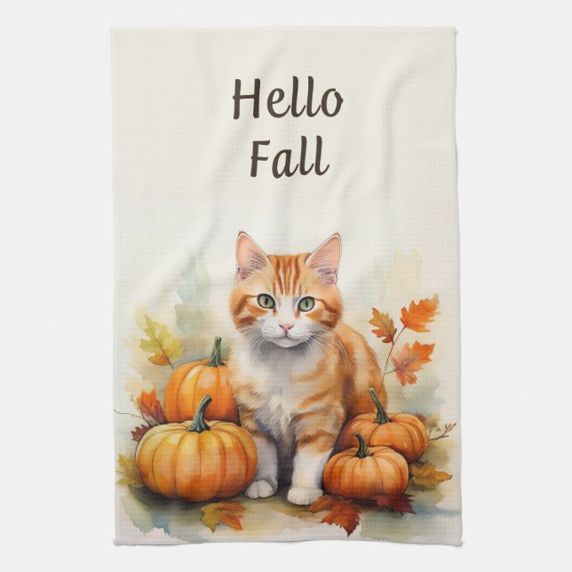 Hello Fall Orange Tabby Kitchen Towel (Vertical)