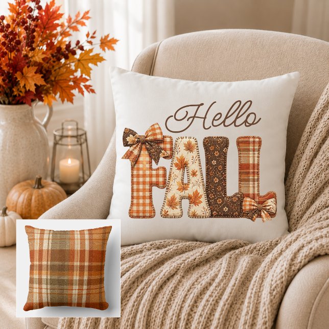 Hello Fall Patchwork Letters Country Farmhouse Throw Pillow (Creator Uploaded)