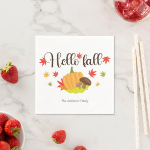 Hello Fall Pumpkin and Mushrooms Autumn  Napkin