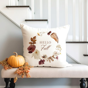 Hello Fall Pumpkin, Leaves and Flowers Throw Pillow