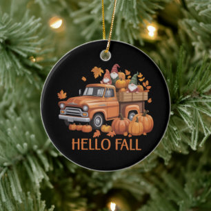 Hello Fall Pumpkin Pickup Truck Gnome Autumn Tree Ceramic Ornament