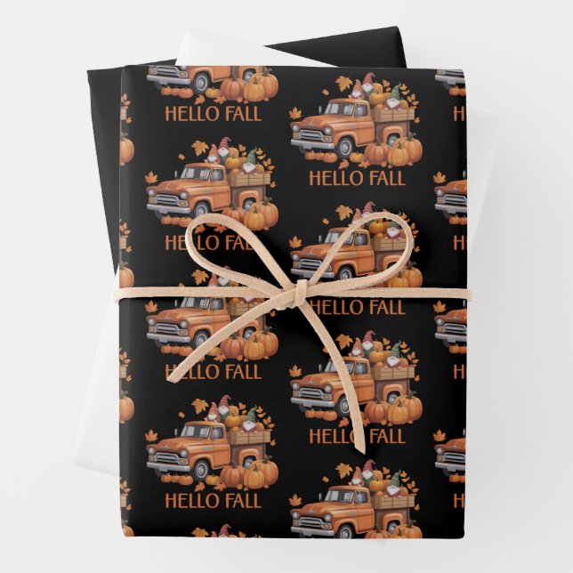 Hello Fall Pumpkin Pickup Truck Gnome Autumn Tree  Wrapping Paper Sheet (In situ)