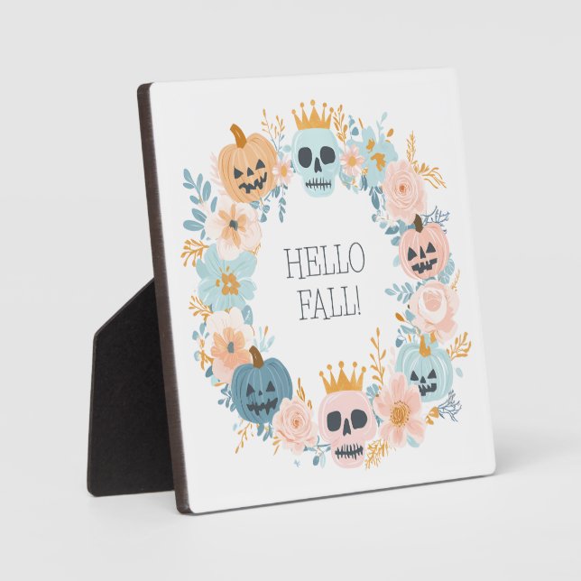 Hello Fall Pumpkin Skull Halloween Floral Modern Plaque (Front)