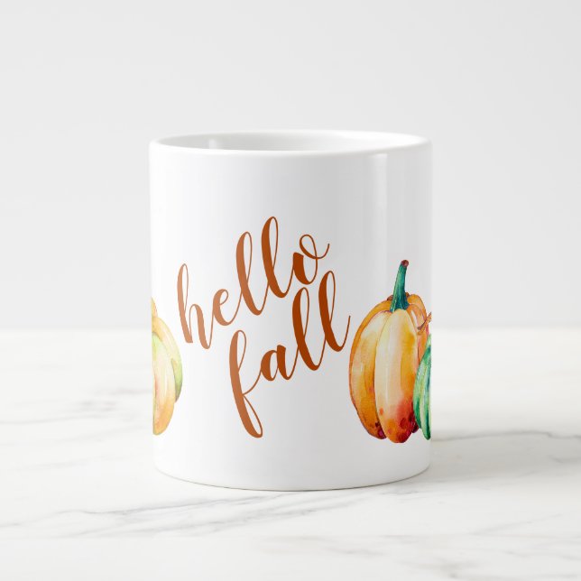 Hello Fall, Pumpkins A Plenty Large Coffee Mug (Front)