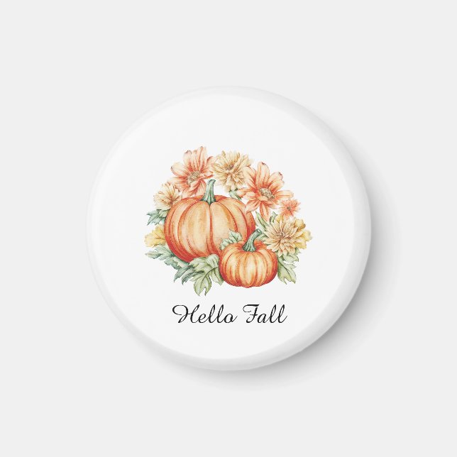 Hello Fall Pumpkins and Flowers Autumn Decor Magnet (Front)
