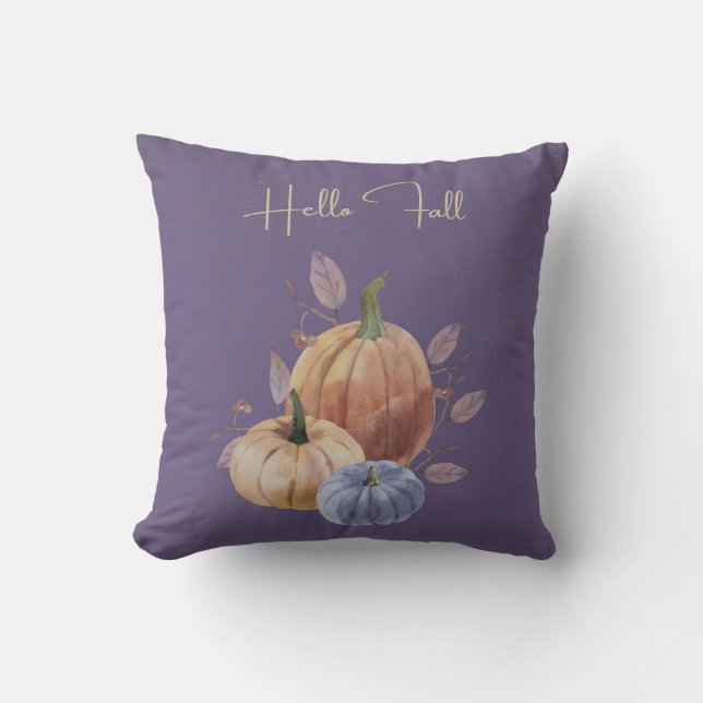 Hello Fall Purple Pumpkin Throw Pillow (Front)