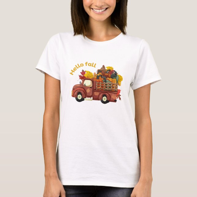 Hello Fall Red Truck Autumn Harvest T-Shirt (Front)