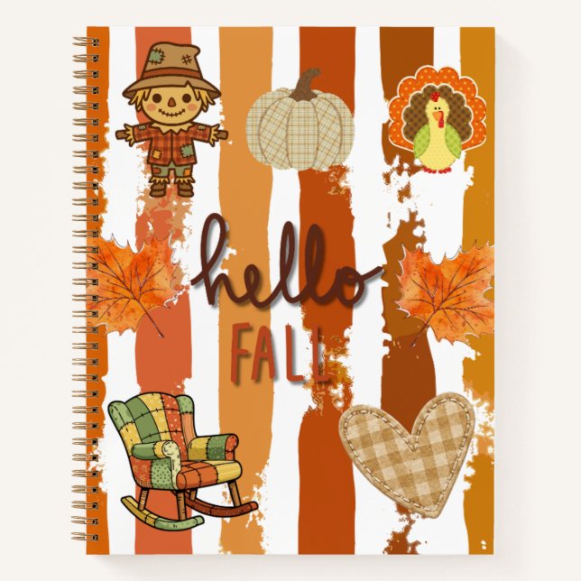 Hello Fall Rustic Patchwork Orange Leaves Stripes Notebook (Front)