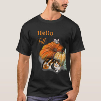 Hello Fall T-shirt with Whimsical Cat and Mouse