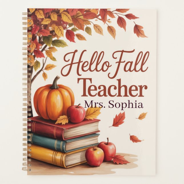 Hello Fall Teacher Watercolor Autumn Personalized Planner (Front)