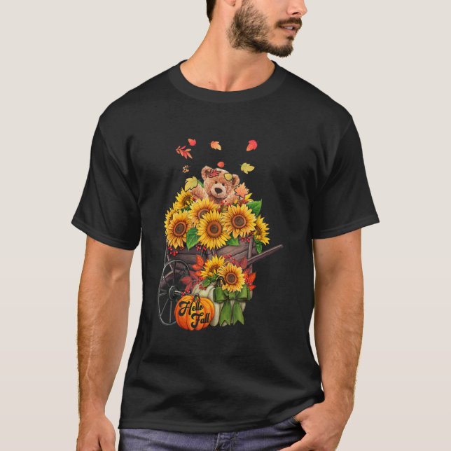 Hello Fall Teddy Bear In Sunflowers Tossing Leaves T-Shirt (Front)