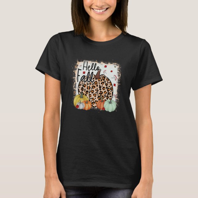 Hello Fall Theme Cheetah Pumpkin Leopard Thanksgiv T-Shirt (Front)