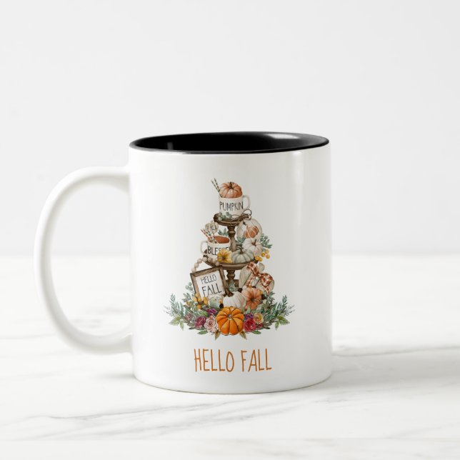 Hello Fall Tiered Tray Pumpkins Greenery Two-Tone Coffee Mug (Left)