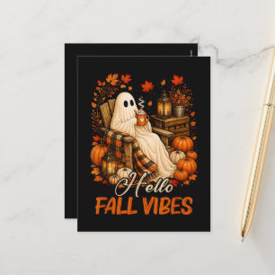Hello Fall Vibes Ghost Cute Autumn Pumpkin Holiday Postcard