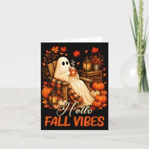 Hello fall vibes ghost cute autumn pumpkin spooky card