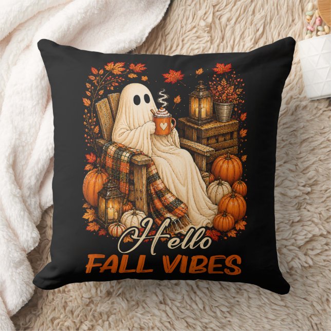 Hello Fall Vibes Ghost Cute Autumn Pumpkin Throw Pillow (Blanket)