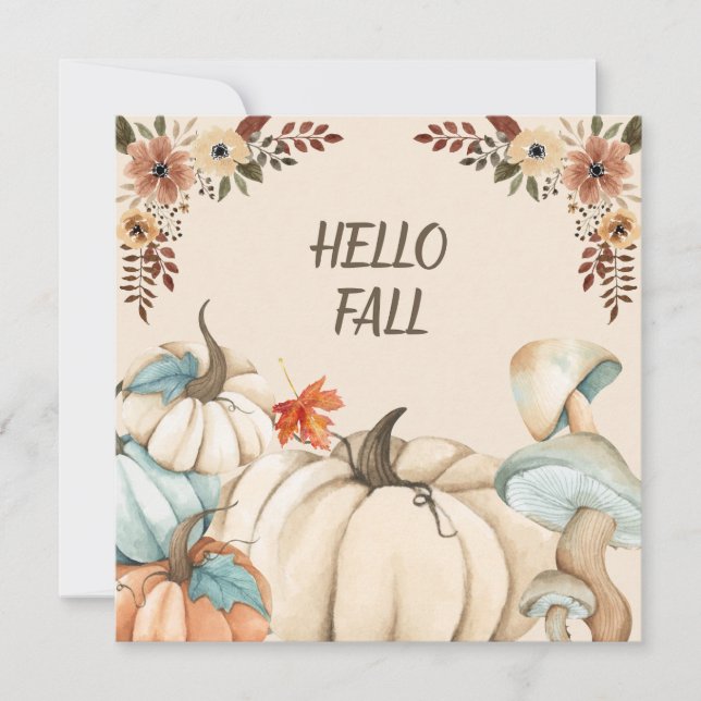 Hello Fall Watercolor Pumpkins and Flowers  Card (Front)