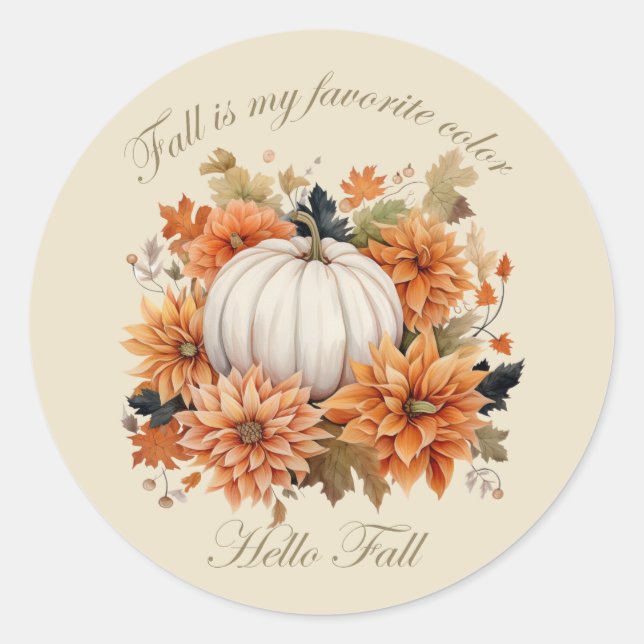 Hello Fall watercolor wildflowers autumn leaves Classic Round Sticker (Front)