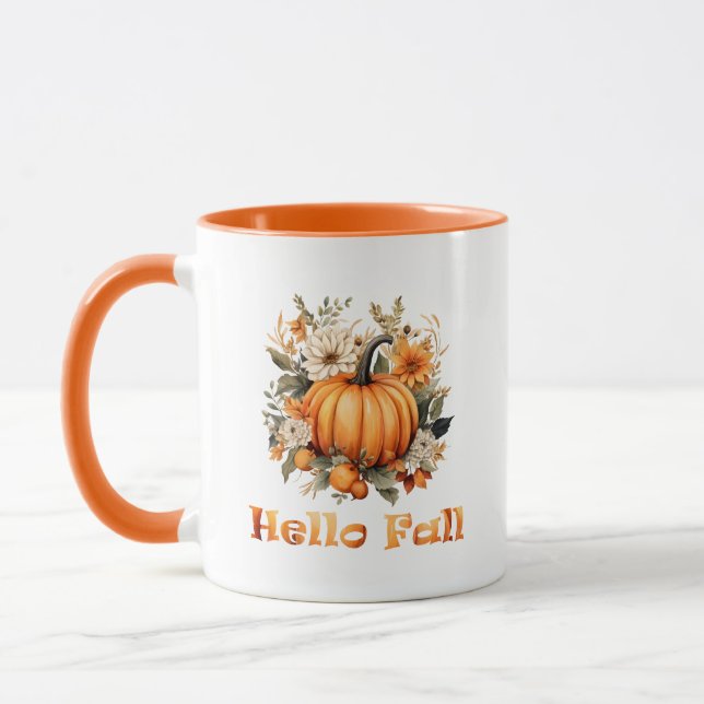 Hello Fall watercolor wildflowers autumn leaves Mug (Left)