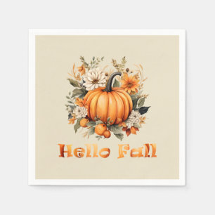 Hello Fall watercolor wildflowers autumn leaves Napkin