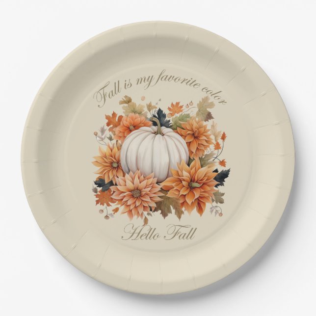 Hello fall watercolor wildflowers leaves autumn paper plate (Front)