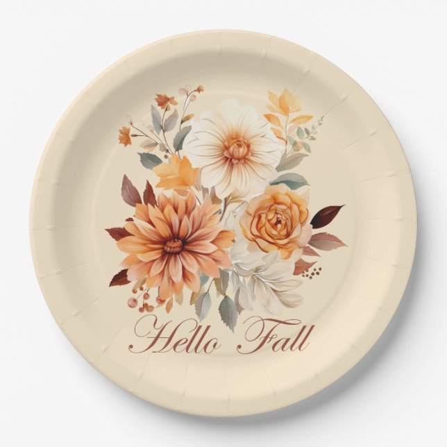 Hello fall Watercolor wildflowers leaves autumn Paper Plate (Front)