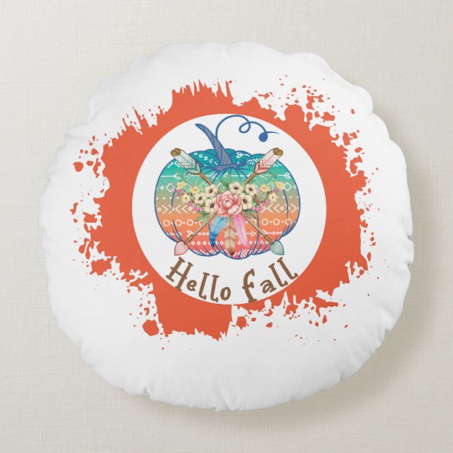 Hello Fall - Whimsical Pumpkin Design Round Pillow (Front)