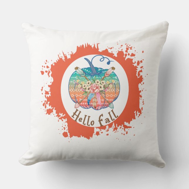 Hello Fall - Whimsical Pumpkin Design Throw Pillow (Front)
