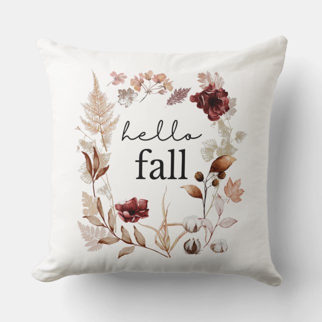 Hello Fall Wildflower and Autumn Leaves  Throw Pillow (Front)