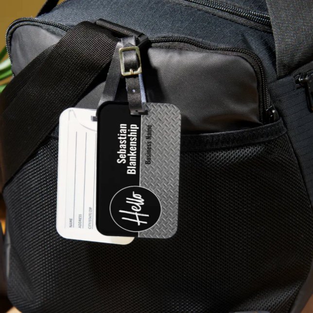 Hello Faux Diamond Plate  Professional   Luggage Tag (Black and faux diamond plate luggage tag template)