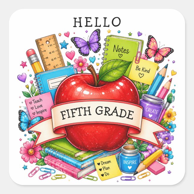 Hello Fifth Grade Retro Apple Square Sticker (Front)