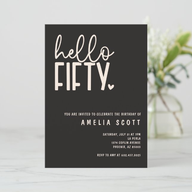 Hello Fifty 50th Birthday Modern Black Minimal Invitation (Standing Front)