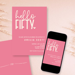 Hello Fifty 50th Birthday Modern Pink Minimal Invitation