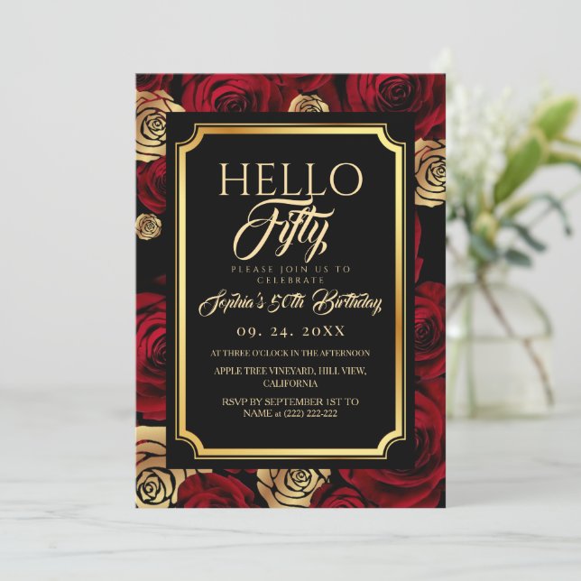 Hello Fifty Black Burgundy Rose Birthday Invitation (Standing Front)