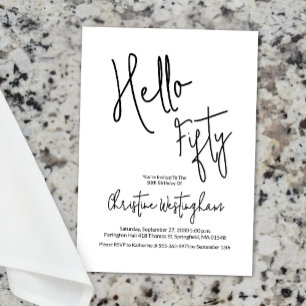 Hello Fifty Black White Script 50th Birthday Invitation