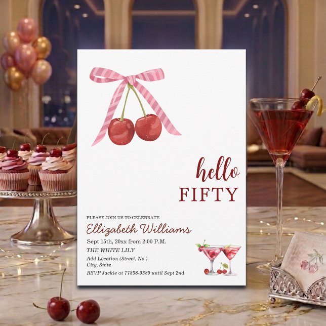 Hello Fifty Cherry Martini Birthday Party Invitation (Creator Uploaded)