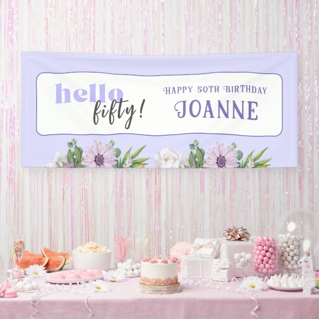 Hello Fifty, Custom year and name Delicate Floral Banner (Party)