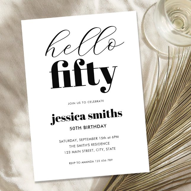 Hello Fifty Modern Black and White 50th Birthday Invitation (Creator Uploaded)